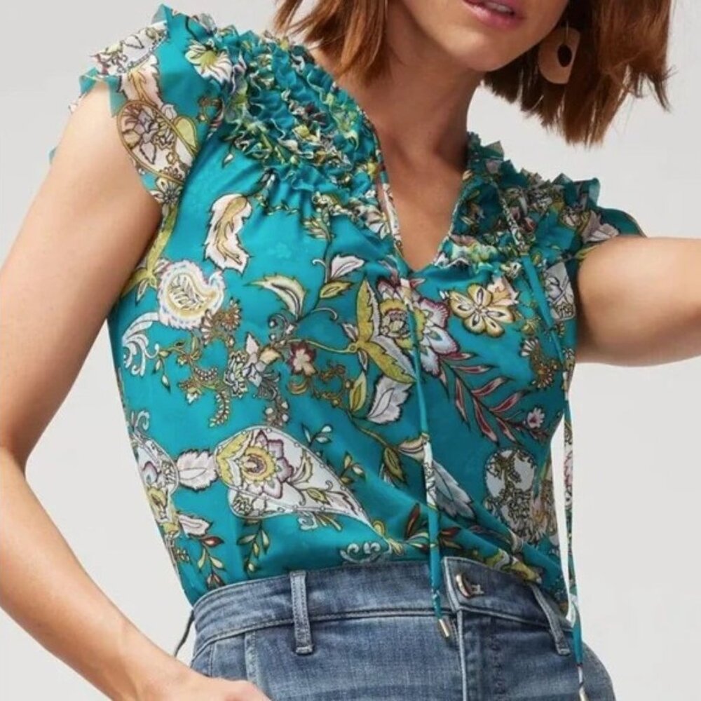 White House Black Market Floral Ruffle Mesh Neck Tie Blouse Teal Green Size L